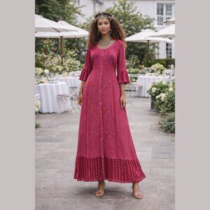 Boho Fuchsia Embroidered Maxi Dress M Button Front, Flowy Rayon, Festival Style